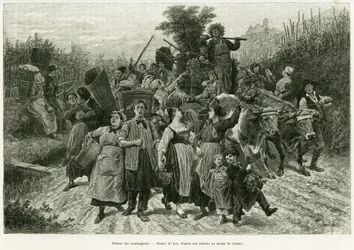 Návrat úrody. Rytina od Lixe, k ilustraci příběhu A Through Alsace and Lorraine, v roce 1887, Charles Grad, německý zástupce, v tour du monde 1888, režie Edouard Charton (1807-1890), Hachette, Paříž.