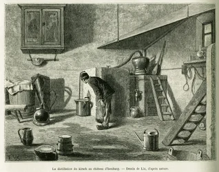 Destilace třešně na zámku Isenburg. Rytina od Lixe, k ilustraci příběhu A Through Alsace and Lorraine, v roce 1887, Charles Grad, německý zástupce, v tour du monde 1888, režie Edouard Charton (1807-1890), Hachette, Paříž.