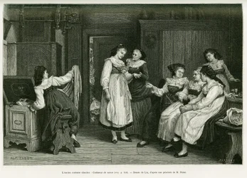 Starý alsaský kostým. Rytina od Lixe, podle obrazu Present de Noces od Pabsta, k ilustraci příběhu A Through Alsasko a Lotrinsko, od Charlese Grada, německého zástupce, v roce 1885, v tour du monde 1887, pod vedením Edouarda Chartona (1807