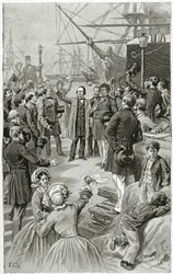Victor Hugo během projevu v exilu 1. srpna 1852 volá po všeobecné republice, 19. století (čb rytina)