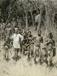 „Jak běloch obchoduje ve státě Kongo: přinášení gumy a rukojmí“ (monochromatický výtisk karty)