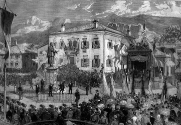Inaugurace sochy Tiziana (Tiziano Vecellio dit) (1485-1576) v Pieve di Cadore, Itálie, 5. září