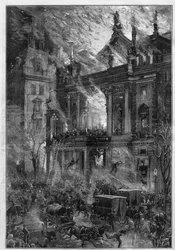 Požár vídeňského Ringtheateru ve Vídni (Rakousko) dne 5. prosince 1881. Rytina De Haenena v „Le Monde Illustré“, č. 1291 z 24. prosince 1881.
