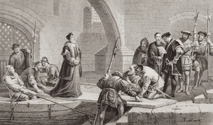 Thomas Cranmer (1489-1556) u zrádcovské brány, z knihy "Ilustrace k anglickým a skotským dějinám", I. díl (rytina)