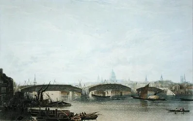 Pohled na most Southwark, jak vypadal v květnu 1818, vyryl W. Bennett podle kresby originálu W.H. Timms