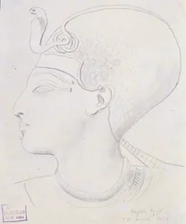 Studie reliéfu hlavy Setiho I. (1394-1279 př. n. l.) v chrámu Setiho I., Abydos, 1874