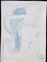 Studie reliéfu hlavy boha Chonsua v chrámu Sethiho I., Abydos, 1874