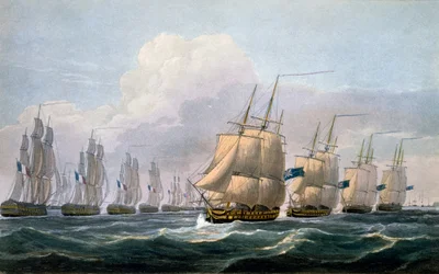 Kapitán Beresford v HMS Theseus vede svou eskadru lodí z „Námořní chronologie Velké Británie“, od J. Ralfe, 1820