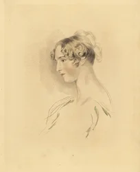 Portrét Mary Isabelly Bloxamové jako mladé ženy, neteře sira Thomase Lawrence. S vlasy nahoře a stočenými, v šatech na ramena. Rytina Fredericka Christiana Lewise podle ilustrace sira Thomase Lawrence z P.G. Patmoreův kabinet G