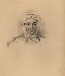 Portrét matky sira Thomase Lawrence Lucy Readové těsně před smrtí. V klobouku a šatech s vysokým výstřihem. Ručně tónovaná rytina Fredericka Christiana Lewise podle ilustrace sira Thomase Lawrence z P.G. Patmore