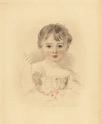 Portrét Thomase Lawrence Bloxama, synovce sira Thomase Lawrence. V šatech převázaných růžovou stuhou. Ručně tónovaná rytina Fredericka Christiana Lewise podle ilustrace sira Thomase Lawrence z P.G. Patmore