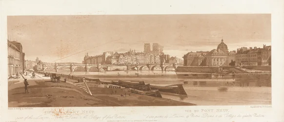 Pohled na Pont Neuf, část Louvru, Notre-Dame a Kolej čtyř národů, 1803; tabule 7 z Pohledů na Paříž, obkres tabule B1981.25.2616 ze svazku Emanuel