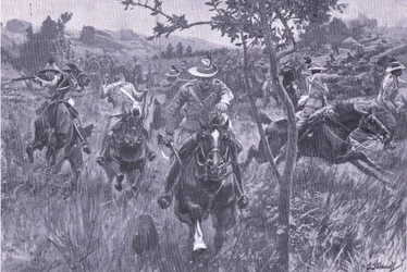 Útok na hlídce, z After Pretoria: The Guerilla War vydané Harmsworth Bros Limited, 1901