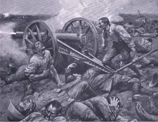 Obrana Dewetsdorpu: práce s 15librovým jednou rukou, ilustrace z Po Pretorii: Guerilla War, 1902