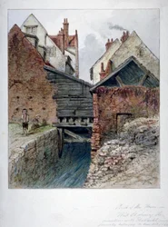 Pohled na zadní část domu v Chick Lane, ukazující Fleet Ditch, City of London, 1844