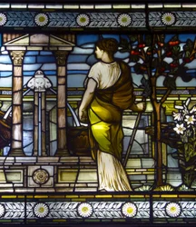 Londýn, Thomas Goode Showroom, South Audley Street, GE Cooke, připisován Frederick Vincent Hart (1843-1914), Classical Maidens In A Garden, 1876