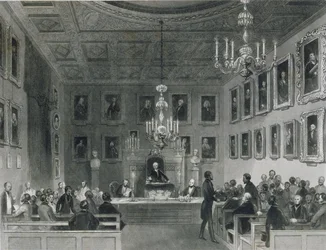 Pohled do interiéru Somerset House, zobrazující setkání Royal Antiquarian Society, c.1840
