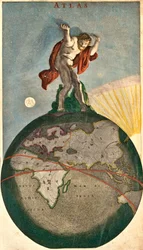 Atlas podpírající Nebeskou klenbu, pákající na Zemi (lept