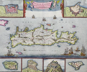 Mapa ostrova Kandia (Kréta) s námořním přístavem Heraklion, kolem 1680