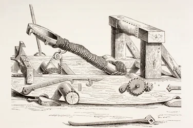 Mangonel z 15. století, z Les Arts au Moyen Age, publikovaný v roce 1873
