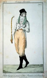 Móda 18. století: pařížský oblek s velkým límcem, kalhoty s lodičkami. Paříž, Musee du Costume