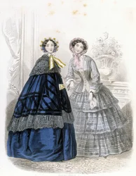 2 módní ženy: v outfitu - v “” Journal des Demoiselles”” 1852 (rytina)