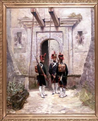 3 dělostřelci, malba 65 x 58 cm, olej na plátně De Villeneuve, vojenský malíř konce 19. století.