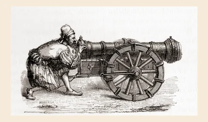 Německé dělo nabíjející závěr ze 16. století, z Les Merveilles de la Science, vydáno kolem roku 1870 (rytina)