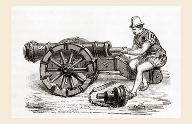 Německé dělo nabíjející závěr ze 16. století, z Les Merveilles de la Science, vydáno kolem roku 1870 (rytina)