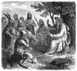 Bard recitující Normanům, kolem roku 1882 (dřevoryt)