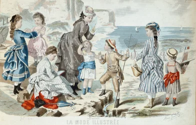 Pláž v Normandii, 1875 (barevná rytina)
