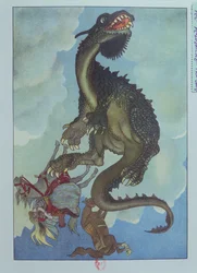 Drak padající z nebe, ilustrace z maďarské pohádky „Příběh víly Pervenche“, kolem roku 1910 (barevné lito)