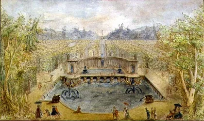 Formální zahrada s fontánami, cca 1770 (pero, inkoust a akvarel na papíře)