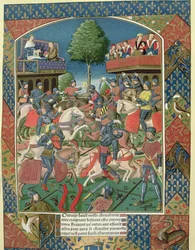 Rytířský turnaj, z „Lancelot du Lac“, tiskl Antoine Verard (1485-1512)