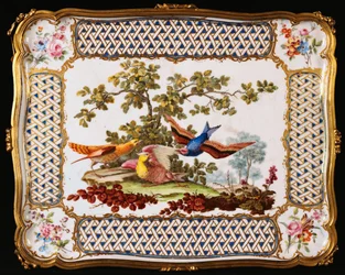 Podnos Louis XV Sevres zdobený třemi exotickými ptáky v krajině, tvořící horní část stolu kavárny, 1761