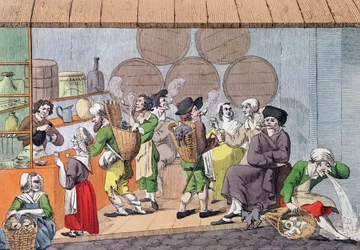 Setkání umělců, mudscraperů a obchodníků s hadry, karikatura oblíbené kavárny v Palais Royal v Paříži, kolem roku 1800