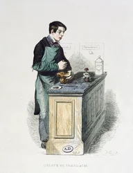 Student farmacie připravující lék, ilustrace z Les Francais namalovali sami, Editions L. Curmer, 1841 (barevná rytina)