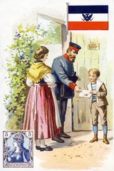 Pošťák v Německu doručující dopis, konec 19. století