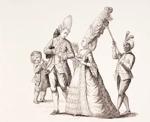 Satira na extrémní ženské účesy v Paříži 18. století, 1875