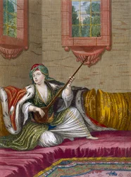 Turecká dívka hrající na Tehegour, c.1708