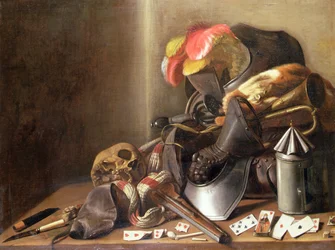 Zátiší Vanitas s lebkou, hracími kartami a brněním, cca 1650 (olej na plátně)