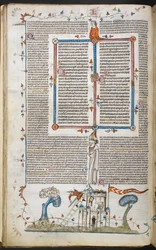 Bas-de-page scéna muže, který se pokouší napadnout hrad, je zabit jedním z obránců, ze Smithfield Decretals, Royal 10 E. IV, f.18v