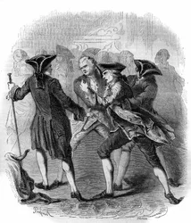 Konfrontace mezi ""Gluckistes"" a ""Piccinistes""" ilustrující rivalitu mezi skladateli Christophem Willibaldem Gluckem a Niccolo Vito Piccinni. Rytina z roku 1856.