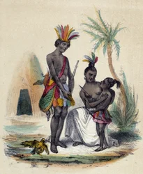 Rodina kanadských indiánů před svými týpí; ilustrace Kanady ve „Dvanácti národech“ od M. E. Fouineta