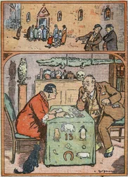 Muž, který se vysmívá fideles jdoucí na mši . Tentýž muž pozorně naslouchá slovům věštce. Karikatura v "Le Pelerin" 26. února