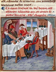 Muž sdílí svůj stůl s chudými v nouzi Miniatura převzatá z „Le livre de bonnes moreurs de Jacques Legrand“ 1490 Chantilly, Musee Conde