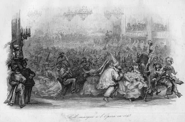 Maskovaný ples v Pařížské opeře v roce 1843. (píseň „Le carnival““ od Marc-Antoine Madeleine Desaugiers) v „“ - CHANS et CHANS POPULES DE LA FRANCE - 1843 - H.- L. DELLOYE, vydavatel, LIBRAIRIE DE GARNIER.