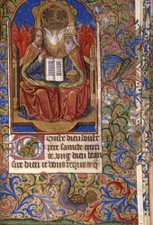 Miniatura z Knihy hodin, v latině a francouzštině, zobrazující Trojici trůnící s anděly, kolem roku 1485