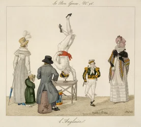 Umělec stojící na hlavě balancující na skle, deska 96 z le Bon Genre, kolem 1810 (barevná rytina)