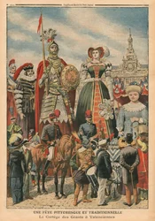 Malebný a tradiční svátek, průvod obrů ve Valenciennes, ilustrace z 